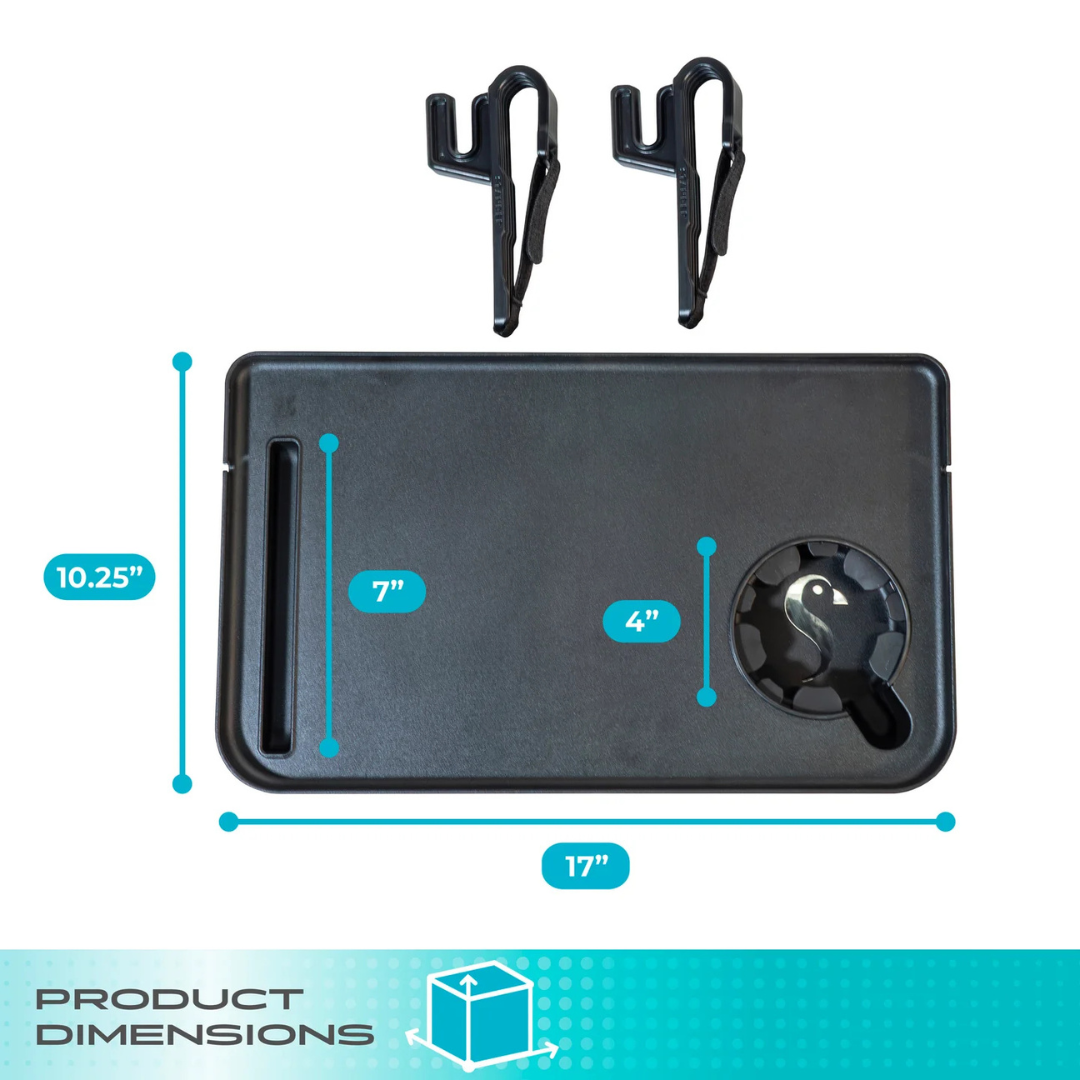 The Stander Bed Rail Tray Accessory is a rectangular black tray with a round 4" cup holder, 7" slot, and two hooks—ideal for your bed rail. Measures 17"W x 10.25"H. Product dimensions listed below.