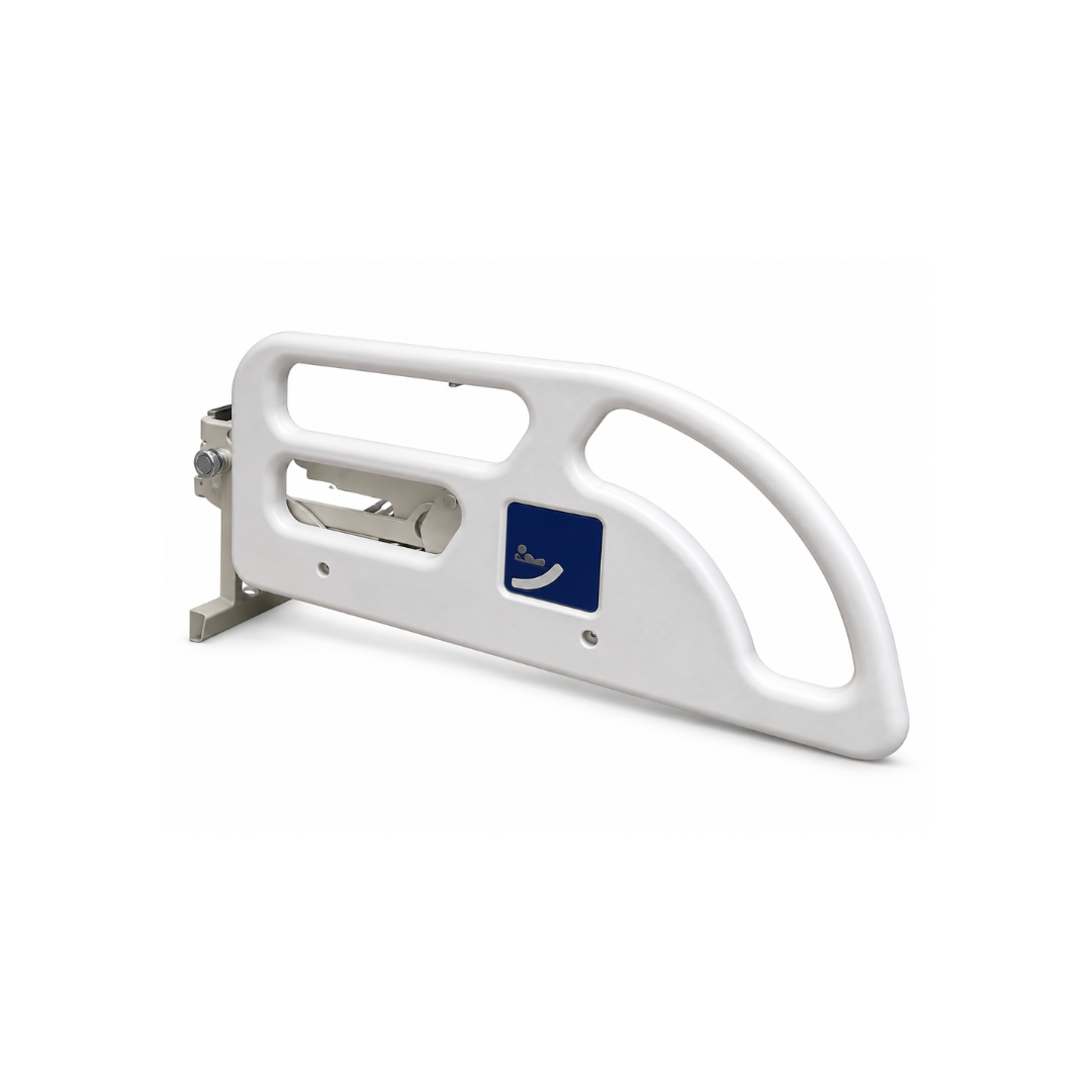White Bed Rails For Med-Mizer Beds featuring a curved top bar and a blue icon of a person in a sitting position.