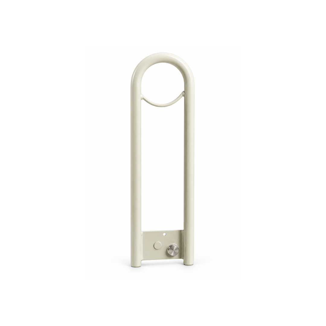 Off-white Bed Rails For Med-Mizer Beds featuring a rounded top and a circular adjustment knob at the base for bedside support.