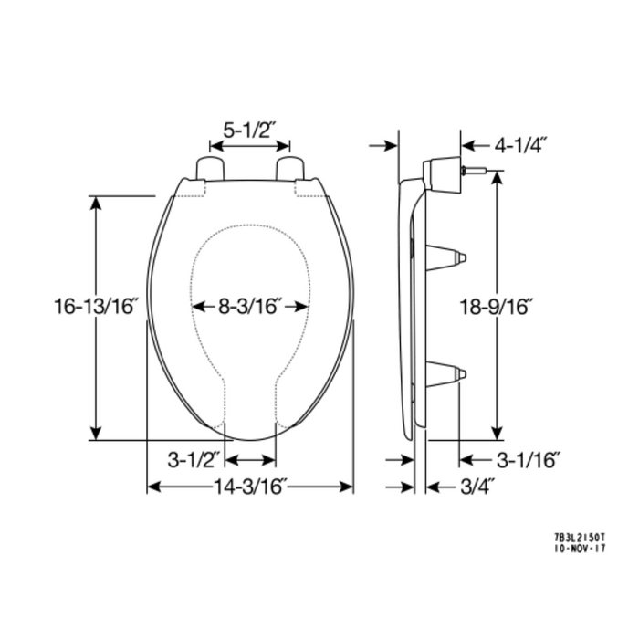 Diagram of the Bemis Elongated 3 Elevated Toilet Seat with Open-Front Ring, featuring Snap 2 Secure. Top view shows a 14-3/16 width and depth of 16-13/16 to 18-5/8. Side view illustrates thickness for increased comfort and height.