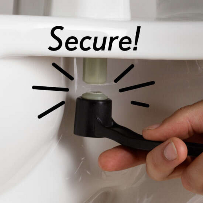 Close-up of a hand tightening a bolt with a wrench under the Bemis Elongated 3 Elevated Toilet Seat with Open-Front Ring. The words Snap 2 Secure installation! appear above, accented by graphic lines highlighting the action.