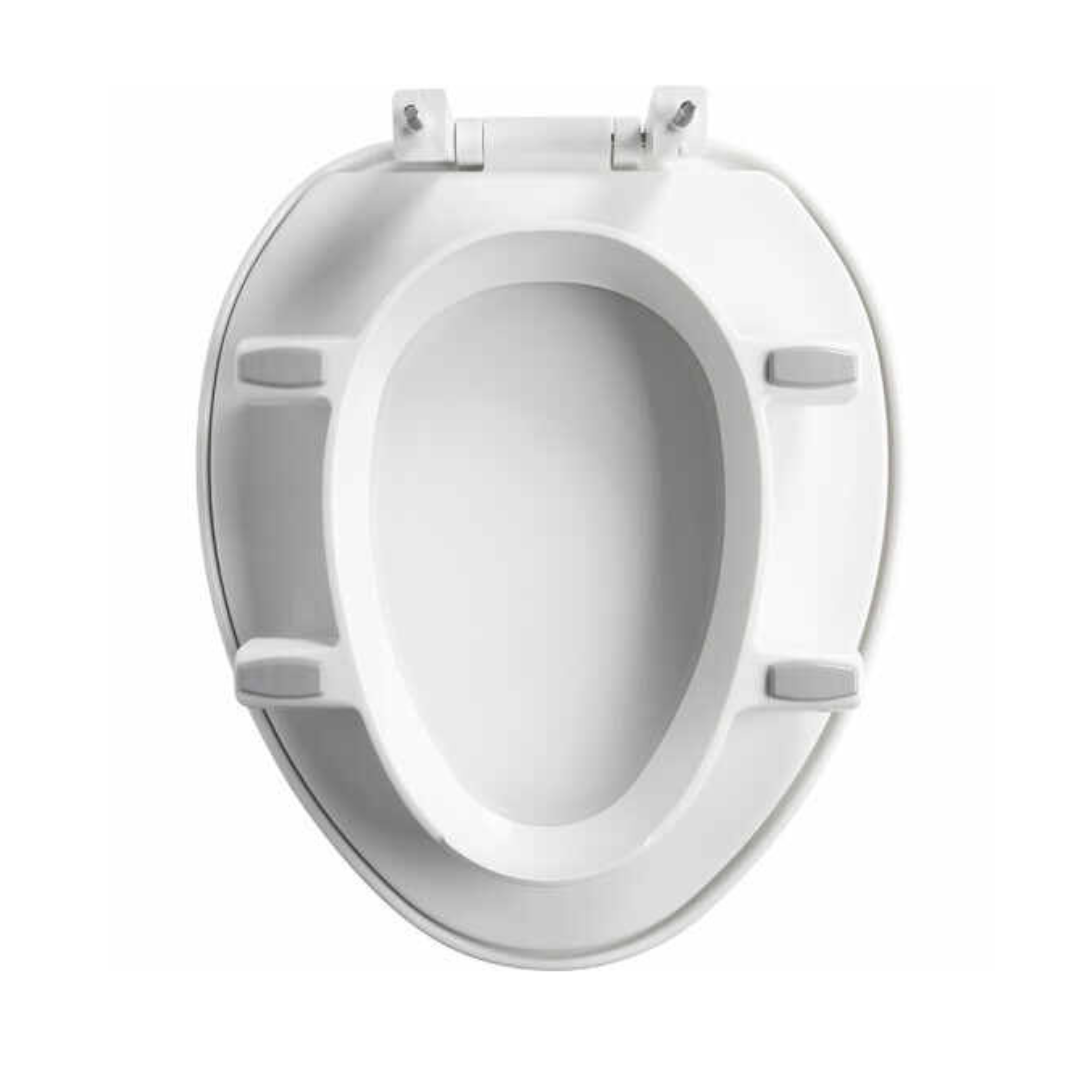 The Bemis Assurance® with Clean·Shield 3 Premium Raised Toilet Seat is white and oval-shaped, featuring top hinges and Stay•Tite installation for secure fitting. It includes four gray bumpers for stability and optional support arms for enhanced safety and comfort.