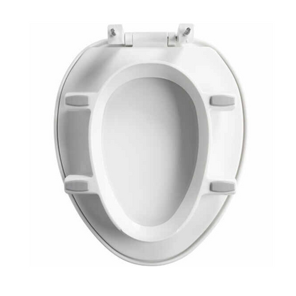 The Bemis Assurance® with Clean·Shield 3 Premium Raised Toilet Seat is white and oval-shaped, featuring top hinges and Stay•Tite installation for secure fitting. It includes four gray bumpers for stability and optional support arms for enhanced safety and comfort.