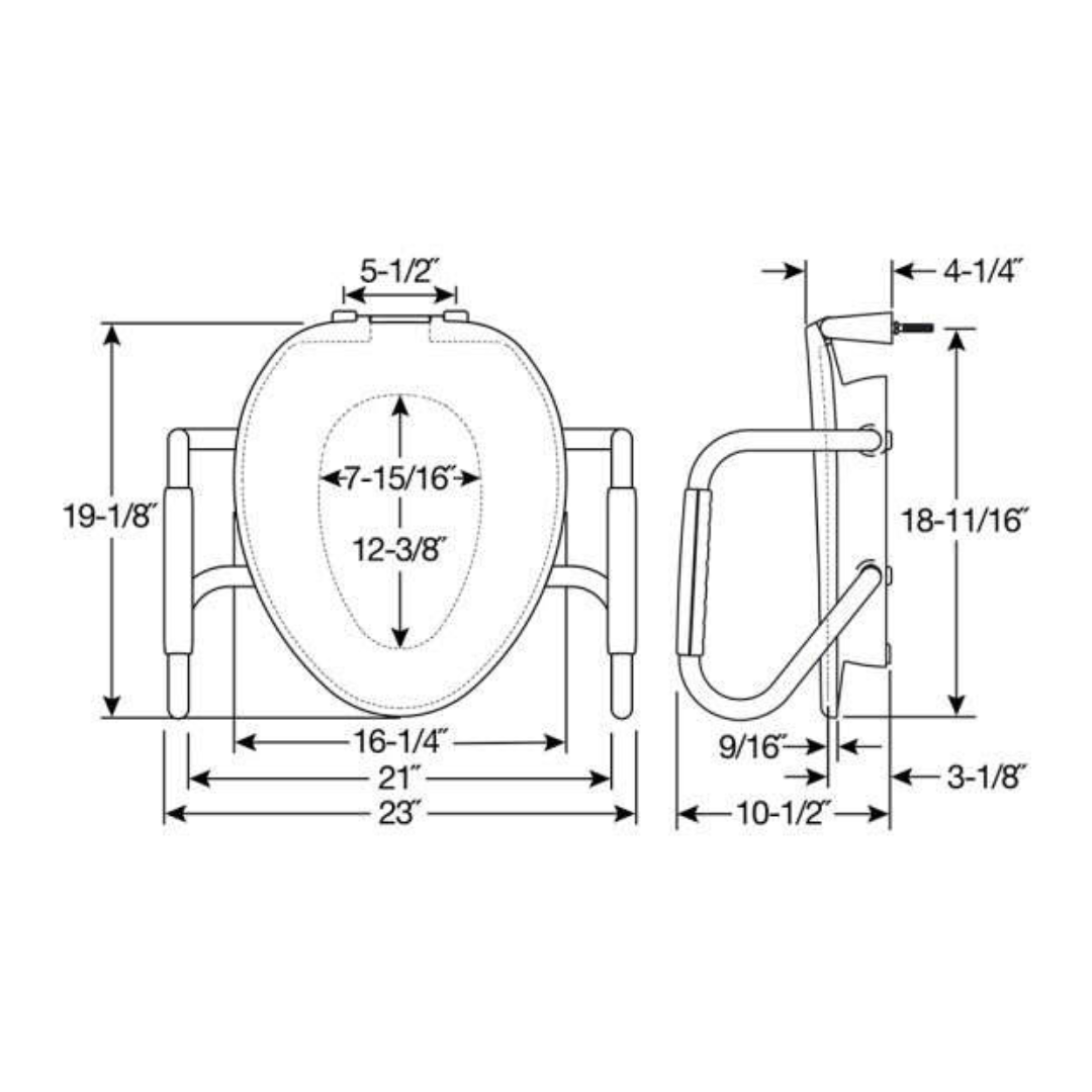 Line drawing of the Bemis Assurance® with Clean·Shield 3 Premium Raised Toilet Seat, showcasing seat and rail dimensions, height from floor, and distances between components for Stay•Tite installation.