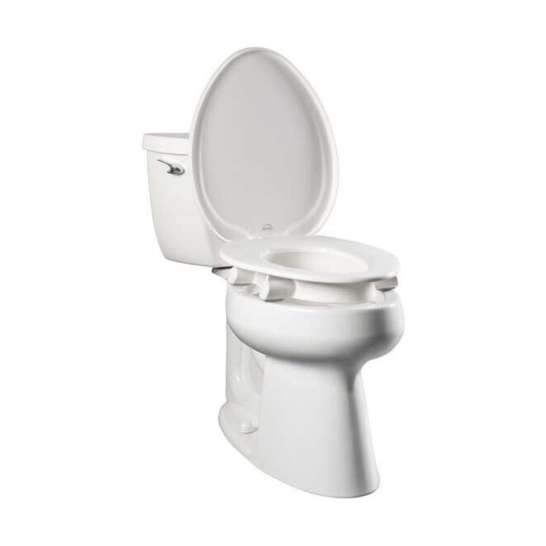 The Bemis Assurance® with Clean·Shield 3 Premium Raised Toilet Seat is white with support arms for accessibility. It has a raised seat, open lid revealing the water tank, and features Stay•Tite installation for stability, ideal for home or public restroom use.