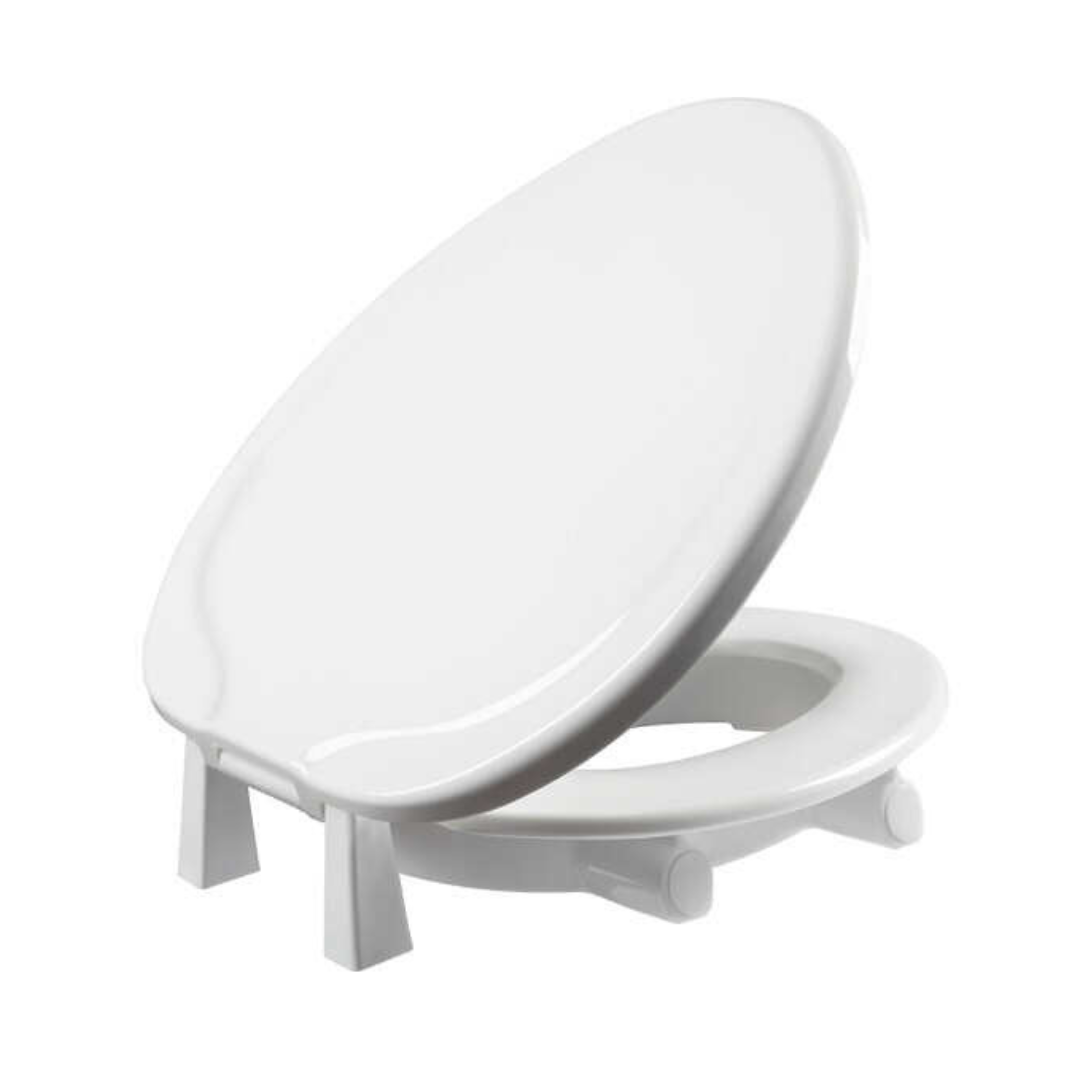 The Bemis Assurance® with Clean·Shield 3 Premium Raised Toilet Seat features a Stay•Tite installation for stability and showcases a smooth, glossy finish. Its upright lid is supported by small pegs, enhancing the style and functionality of your bathroom.