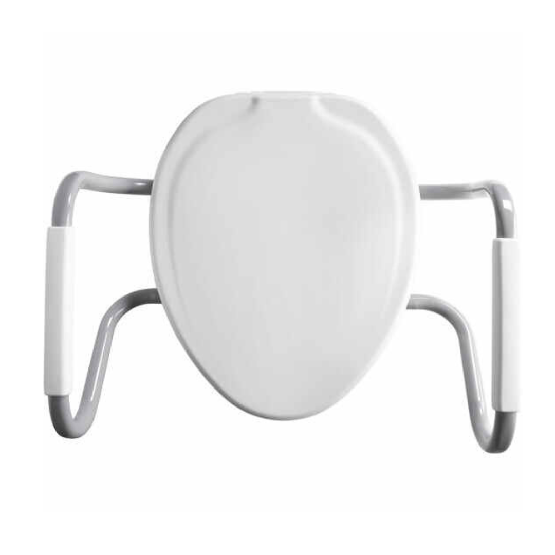 The Bemis Assurance® with Clean·Shield 3 Premium Raised Toilet Seat is white, equipped with gray support arms, and uses Stay•Tite installation for enhanced stability.