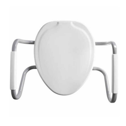 The Bemis Assurance® with Clean·Shield 3 Premium Raised Toilet Seat is white, equipped with gray support arms, and uses Stay•Tite installation for enhanced stability.