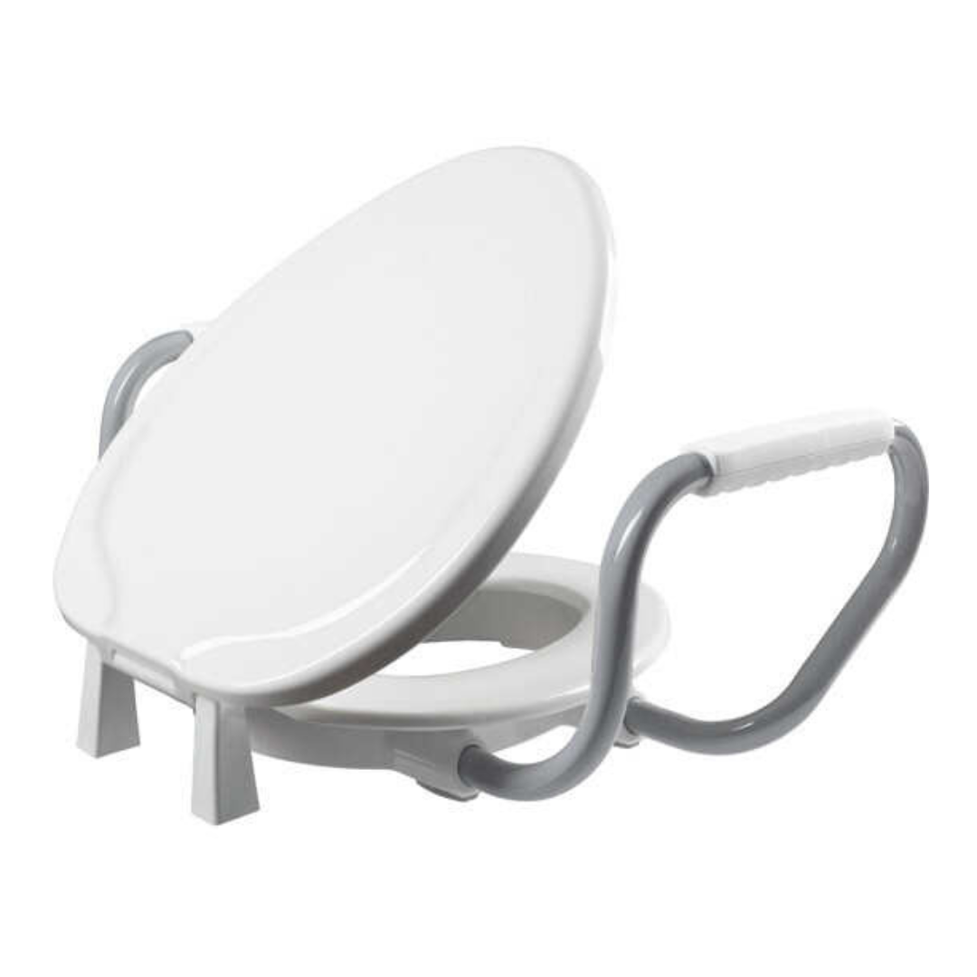The Bemis Assurance® with Clean·Shield 3 Premium Raised Toilet Seat features Stay•Tite installation and support arms for added stability, boasting a sleek white finish with gray handles designed for easy use.
