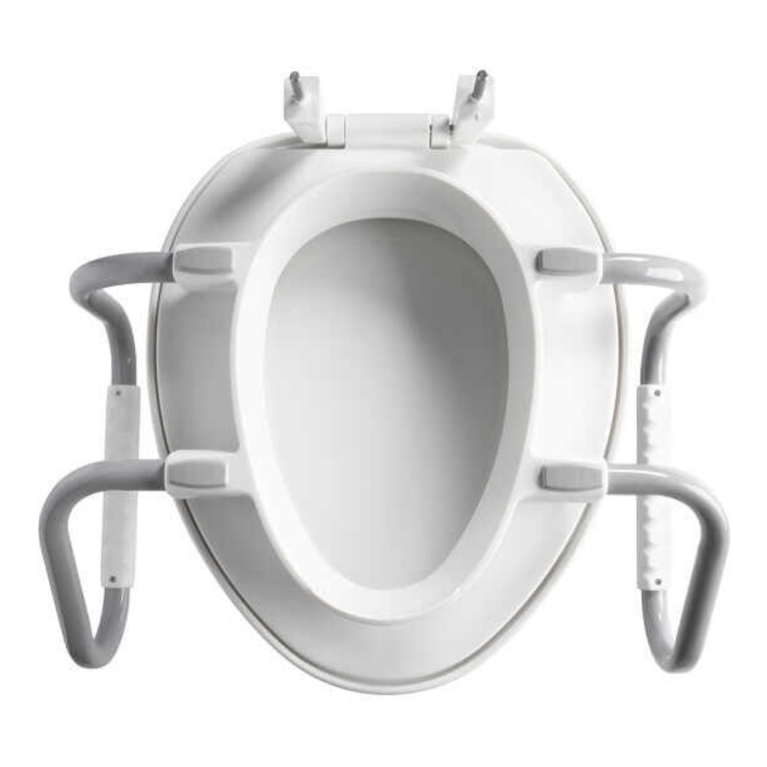 Overhead view of the Bemis Assurance® with Clean·Shield 3 Premium Raised Toilet Seat. It has a smooth, oval white seat and sturdy gray ergonomic support arms for added safety, along with Stay•Tite installation for secure fitting.