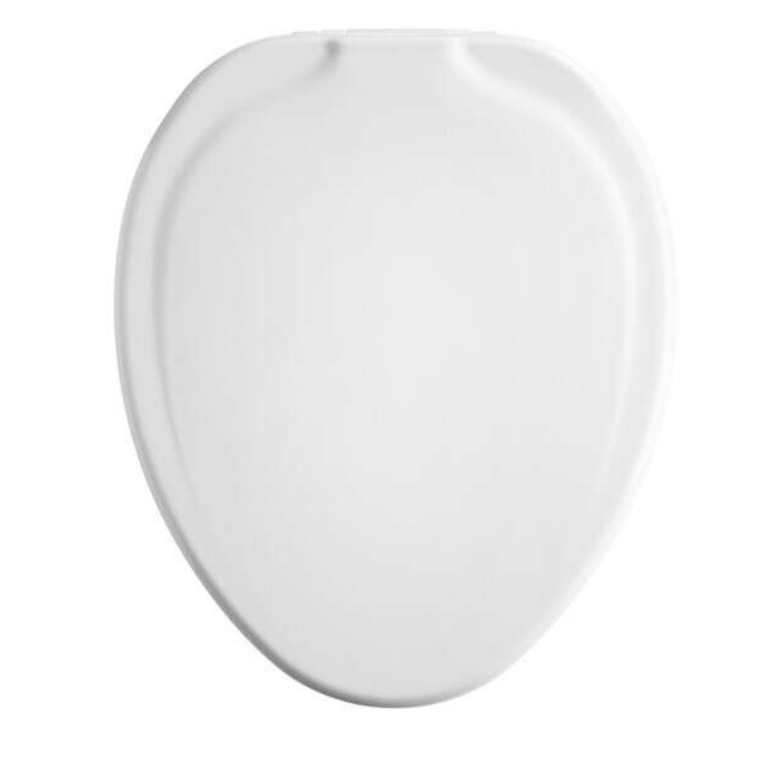 A Bemis Assurance® Clean·Shield 3 white oval raised toilet seat, viewed from above, includes Stay•Tite installation for a secure fit.