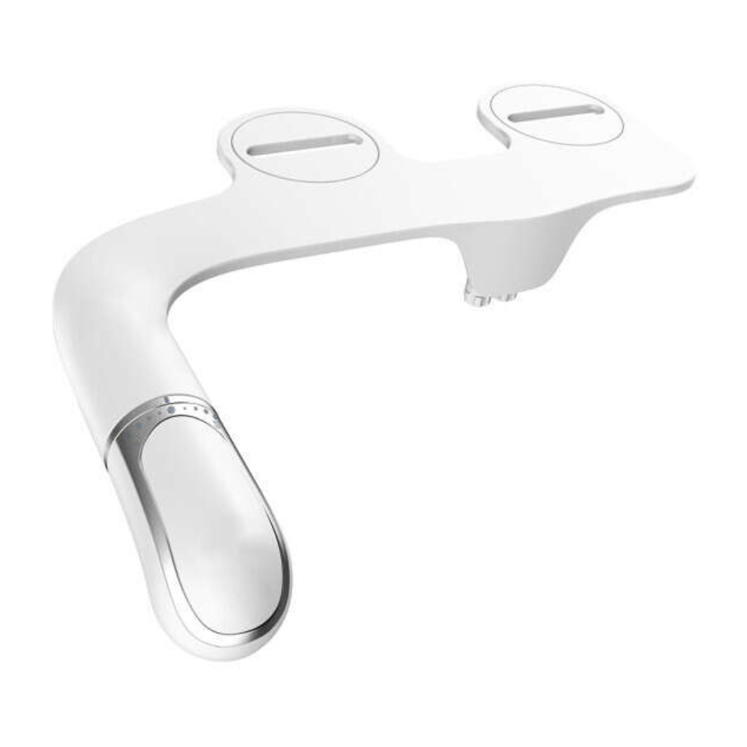 The Bemis Assurance® with Clean·Shield 3 Premium Raised Toilet Seat is a sleek, white plastic bidet attachment featuring dual control dials, designed to fit standard toilets and perfectly match products using the Stay-Tite installation system.