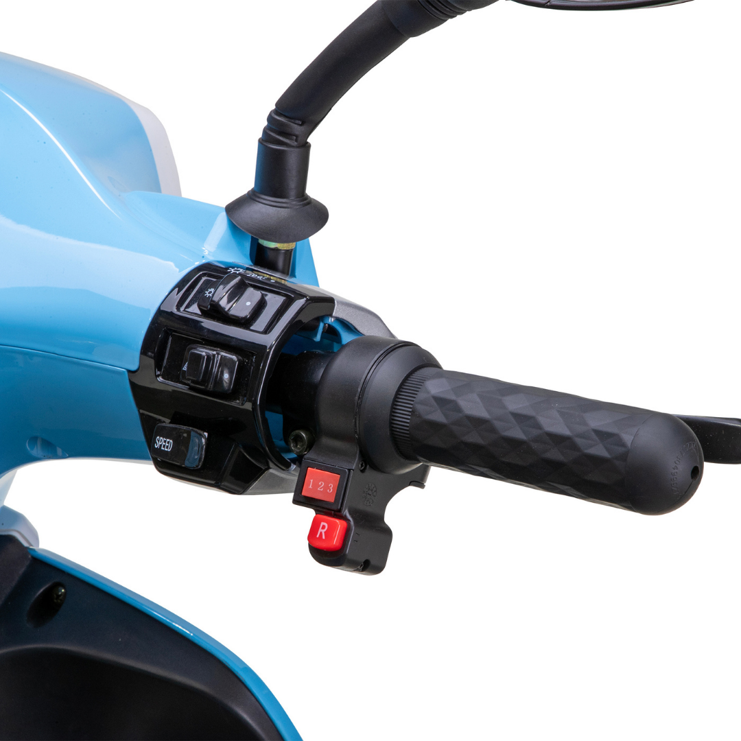 Close-up of a black handlebar on the Bespoke Elite Recreational 3-Wheel Scooter with Electric Brake Assist—blue frame, textured grip, red R button, speed selector, multiple controls near throttle; digital speedometer; ideal for tall riders.
