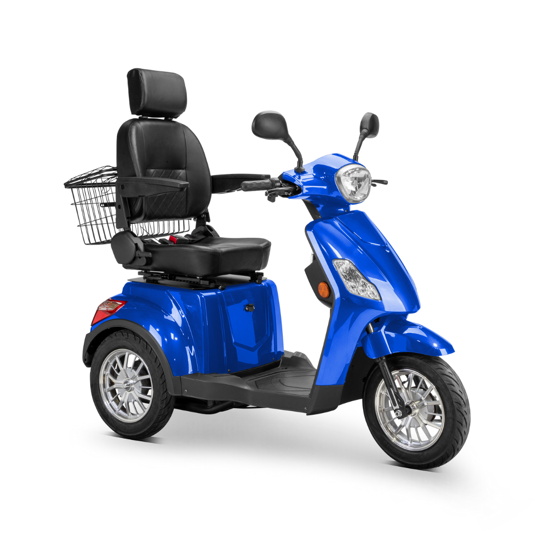 The Bespoke Legacy Recreational 3-Wheel Scooter appears in blue with a black cushioned seat, armrests, headrest, handlebars, and rear wire basket. It features an electric lighting system and is shown against a white background.