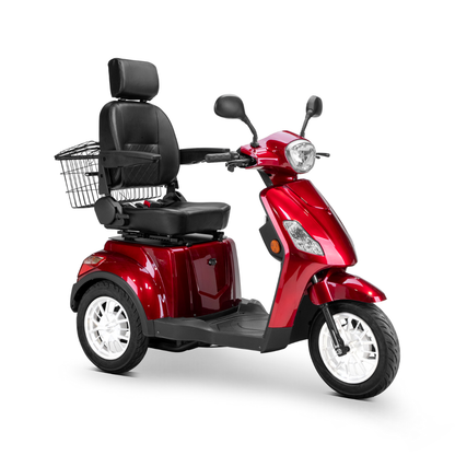 The Bespoke Legacy Recreational 3-Wheel Scooter, in shiny red with a 600-watt motor, large black cushioned seat, armrests, headrest, and rear wire basket is displayed on a white background.