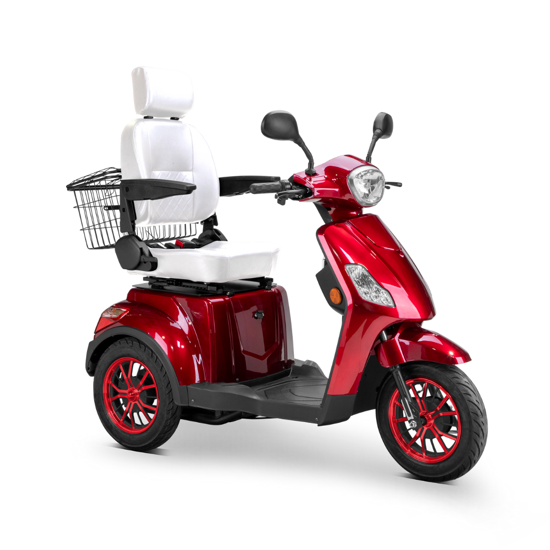 The Bespoke Legacy Recreational 3-Wheel Scooter, shown in red with a 600-watt motor, three wheels, a white high-backed seat, and rear metal basket, is displayed against a white background.