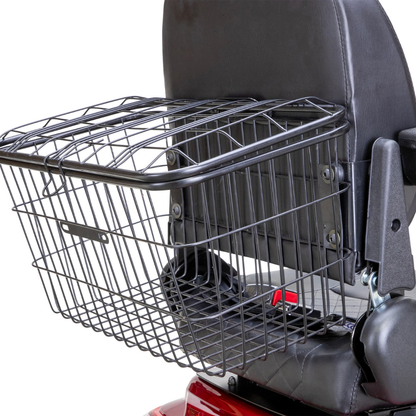 A wire basket attached to the back of the Bespoke Legacy Recreational 3-Wheel Scooter seat lets you carry personal items or shopping, adding convenience to every ride at speeds up to 15 mph.