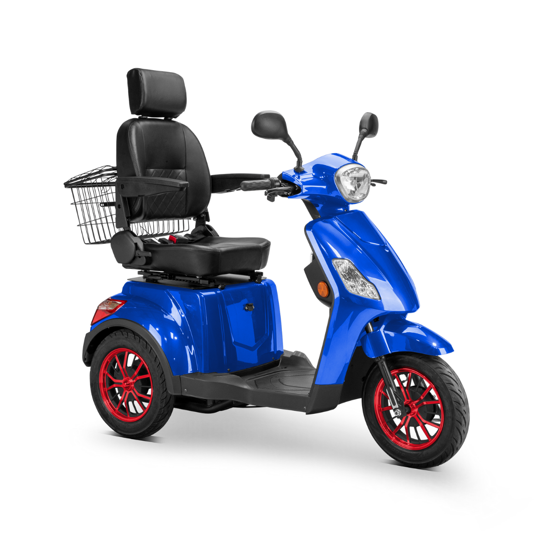 The Bespoke Legacy Recreational 3-Wheel Scooter is blue with a 600W motor, high-back black seat with armrests, front electric lighting, red wheel rims, and a rear metal basket.