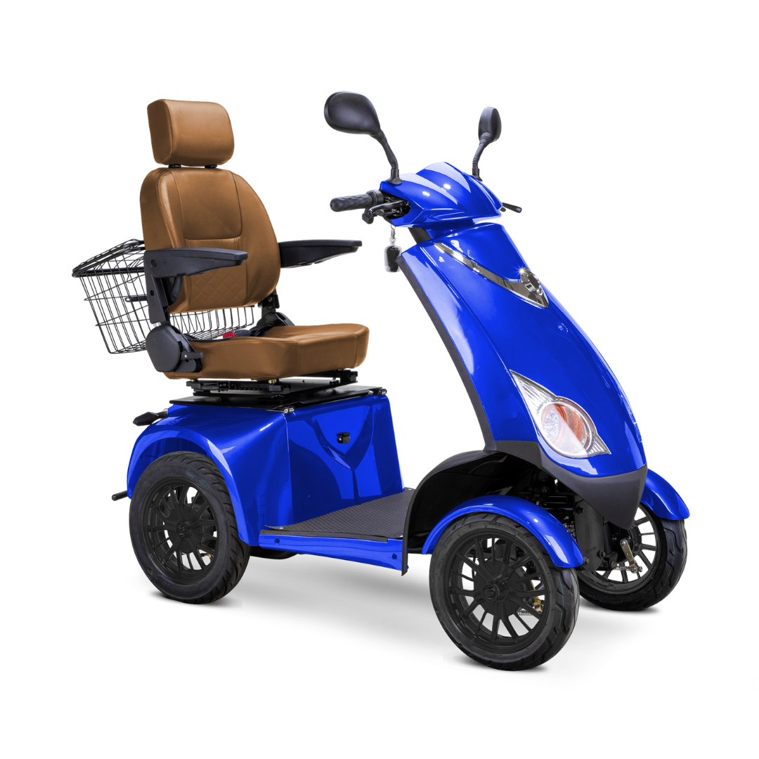 The Bespoke Platinum Recreational 4-Wheel Scooter with Electric Brake Assist features a blue frame, high-performance motor, brown cushioned seat with armrests, high backrest, handlebars, and rear wire basket for comfortable personal transport.