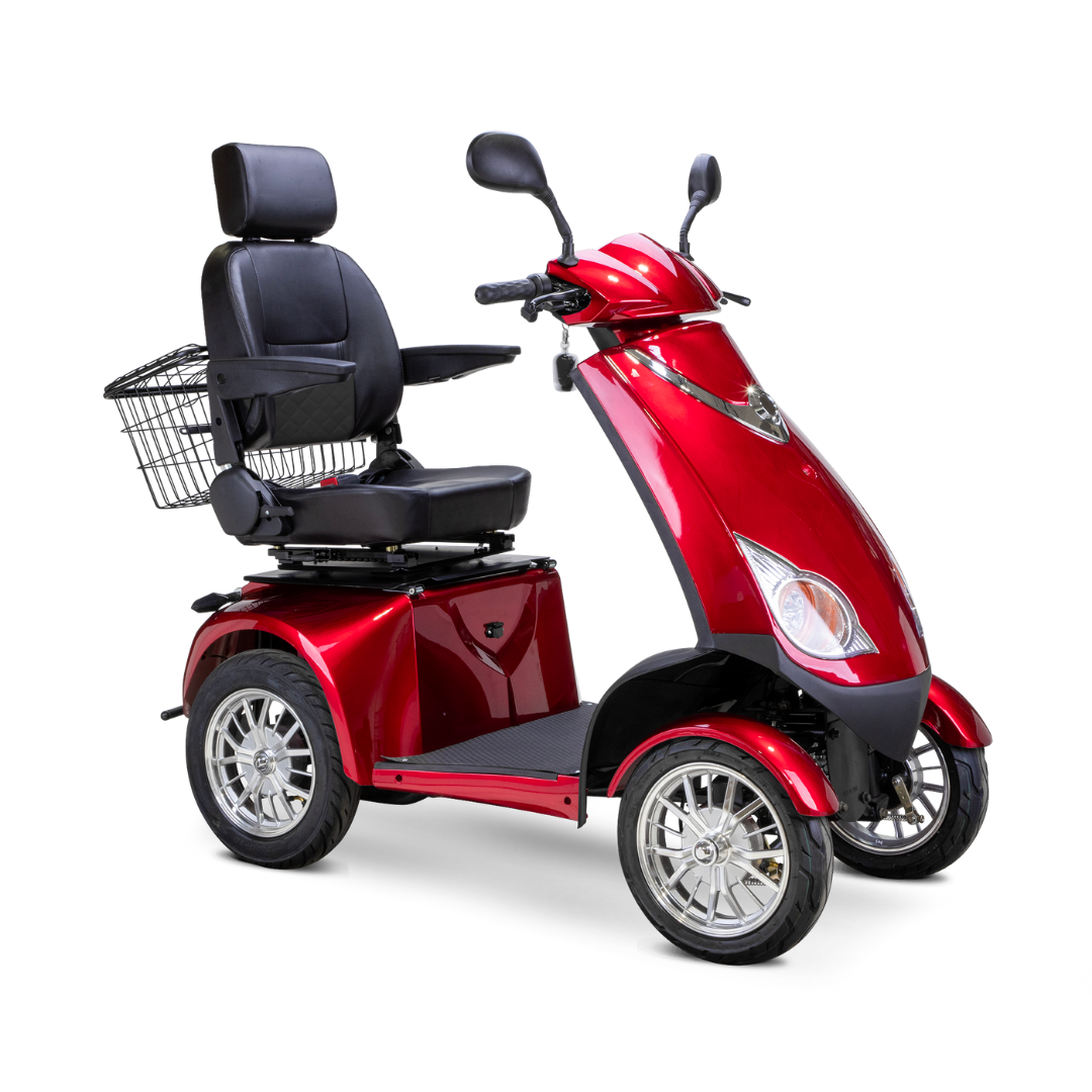The Bespoke Platinum Recreational 4-Wheel Scooter with Electric Brake Assist is a red scooter featuring a black cushioned seat, headrest, armrests, handlebars, and a back-mounted metal basket for personal mobility assistance.
