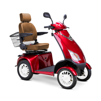 The Bespoke Platinum Recreational 4-Wheel Scooter with Electric Brake Assist, featuring a red body, brown high-back seat with armrests and footrests, side mirrors, rear wire basket, and high-performance motor, is shown on a white background.