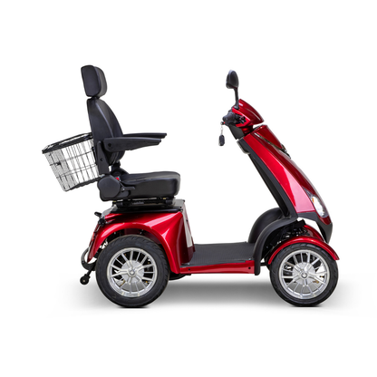 The Bespoke Platinum Recreational 4-Wheel Scooter with Electric Brake Assist, shown in profile on a white background, features a shiny red finish, padded seat with armrests and headrest, rear metal basket, and smart technology.
