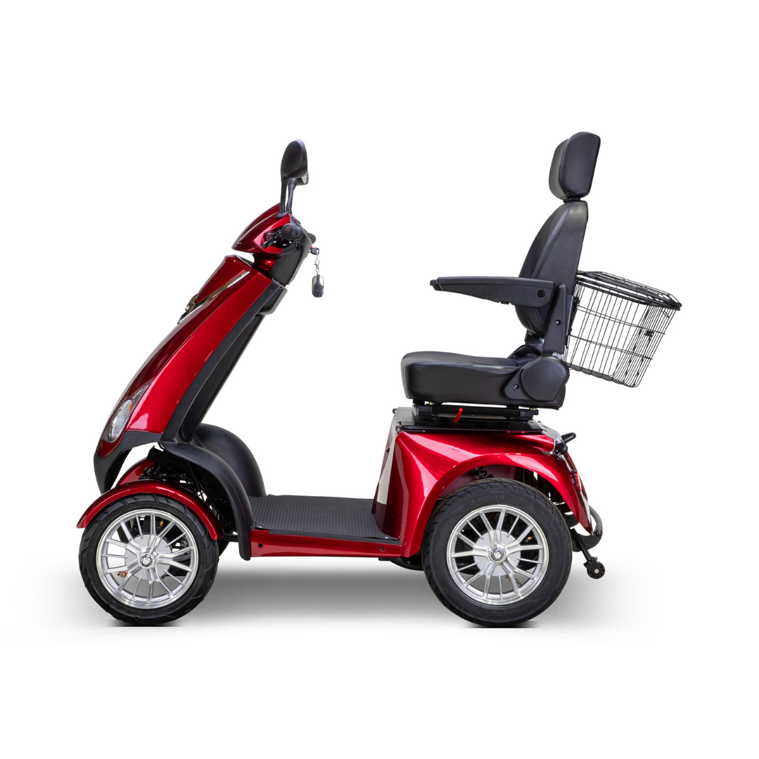 The Bespoke Platinum Recreational 4-Wheel Scooter with Electric Brake Assist, in red, features a high-back seat, armrests, handlebars, and a rear metal basket—perfect for those seeking a powerful recreational mobility scooter.