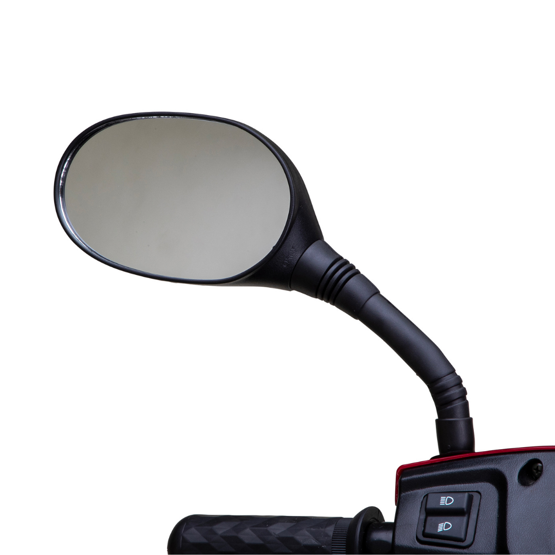 Close-up of the Bespoke Platinum Recreational 4-Wheel Scooter with Electric Brake Assist’s black left side mirror, handlebar, grip, and control buttons—highlighting smart technology—set against a white background.
