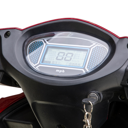 Close-up of the Bespoke Platinum Recreational 4-Wheel Scooter’s black dashboard with red accents, showing its digital speedometer at 0.0 mph and a key in the ignition, highlighting smart technology and electric brake assist features.