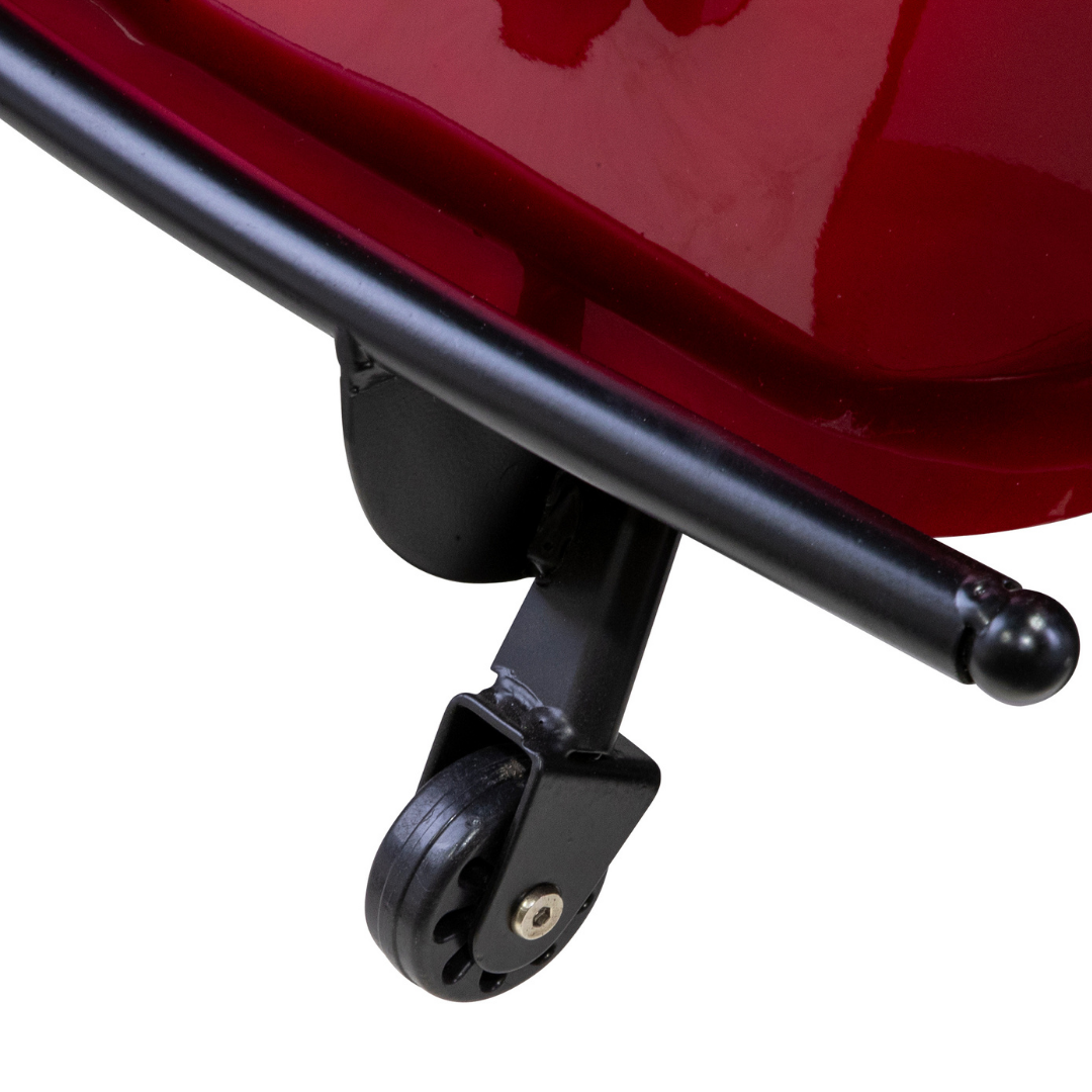 Close-up of a small black caster wheel attached to the Bespoke Platinum Recreational 4-Wheel Scooter with Electric Brake Assist, with a metal bar above. The shiny, reflective surface highlights its quality and stylish design.