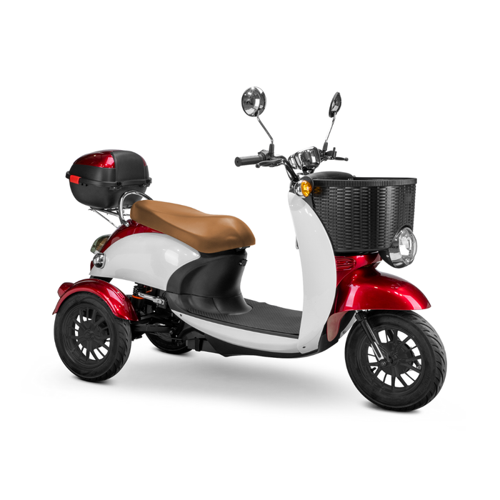 The Bespoke Supreme Euro-Style Recreational 3-Wheel Scooter in red and white has a brown seat, 600-watt motor, electric brake assist, rear black storage box, and a spacious front black basket.