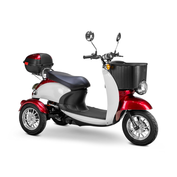 The Bespoke Supreme Euro-Style Recreational 3-Wheel Scooter with Electric Brake Assist in red and white features a 600-watt motor, front basket, rear storage box, and dual handlebar mirrors, displayed on a white background.