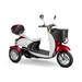 The Bespoke Supreme Euro-Style Recreational 3-Wheel Scooter features a red and white body, black seat, rear storage box, large front basket, electric brake assist, and a 600W motor—all shown at a slight angle on a white background.