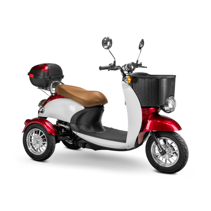 The Bespoke Supreme Euro-Style 3-Wheel Scooter, shown on a white background, has a red and white design with a brown seat, mirrors, front basket, rear storage box, electric brake assist, and a powerful 600-watt motor.