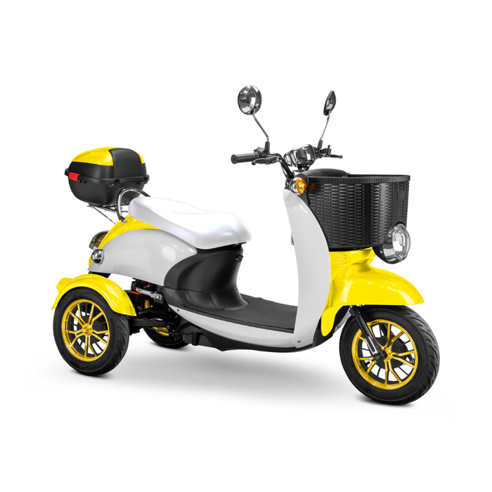 The Bespoke Supreme Euro-Style Recreational 3-Wheel Scooter with Electric Brake Assist, shown in yellow and white with a 600-watt motor, black front basket, rear storage compartment, and chrome mirrors from a side angle on a white background.