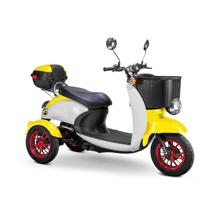 The Bespoke Supreme Euro-Style Recreational 3-Wheel Scooter with Electric Brake Assist features a yellow and white body, black seat, red-rimmed wheels, advanced tech, a 600W motor, front basket, rear storage box, and side mirrors—shown on white.