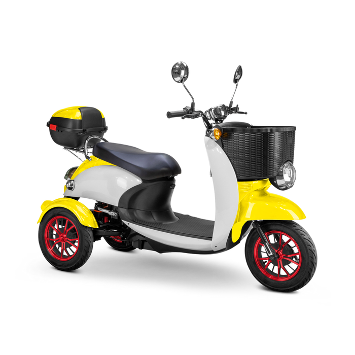 The Bespoke Supreme Euro-Style Recreational 3-Wheel Scooter with Electric Brake Assist has a yellow and white body, black seat, red rims, front basket, rear storage box, and a powerful 600-watt motor.