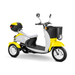 The Bespoke Supreme Euro-Style Recreational 3-Wheel Scooter features a yellow and white design, 600-watt motor, electric brake assist, front basket, rear storage box, side mirrors, and is shown on a white background.
