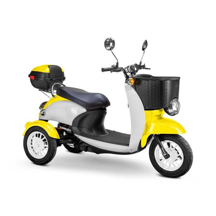 The Bespoke Supreme Euro-Style Recreational 3-Wheel Scooter features a 600-watt motor, electric brake assist, yellow and white design, black seat, front basket, rear storage box, and rear-view mirrors—all shown on a white background.