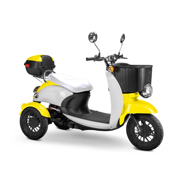 A Bespoke Supreme Euro-Style Recreational 3-Wheel Scooter with Electric Brake Assist in yellow and white, featuring a 600-watt motor, black front basket, and rear storage box, is displayed against a plain white background.