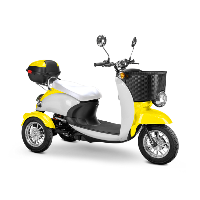 The Bespoke Supreme Euro-Style Recreational 3-Wheel Scooter features a yellow and white design, 600W motor, front black basket, rear storage box, electric brake assist, and appears on a white background.
