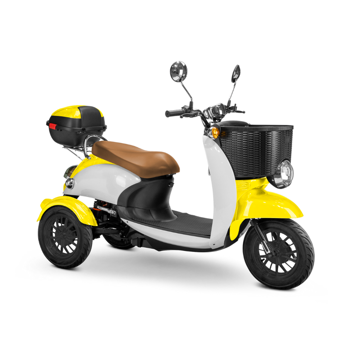 A yellow and white Bespoke Supreme Euro-Style Recreational 3-Wheel Scooter with a 600-watt motor, brown seat, black front basket, rear storage box, two rearview mirrors, and electric brake assist shown on a white background.