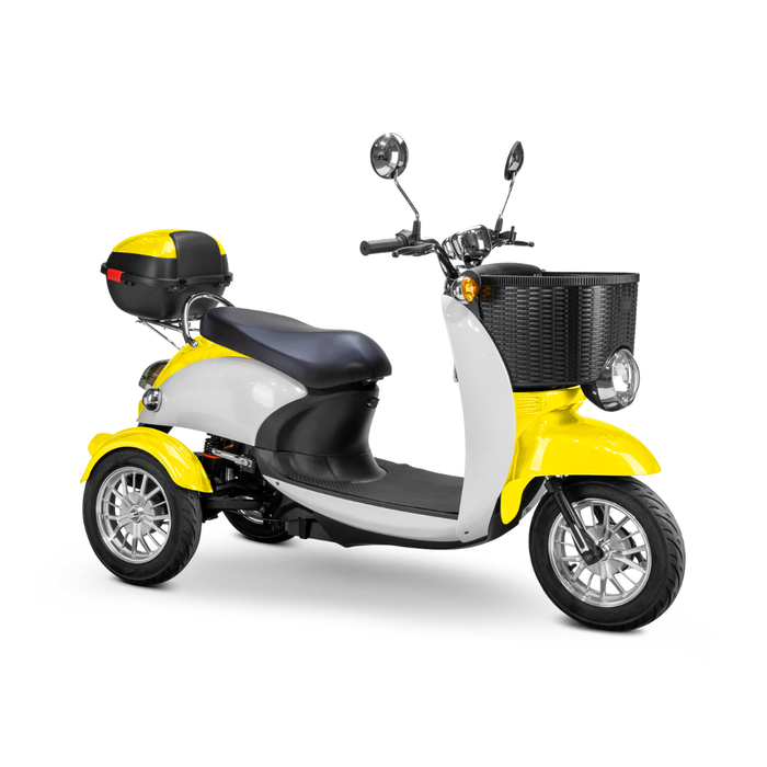 A yellow and white Bespoke Supreme Euro-Style Recreational 3-Wheel Scooter with a 600W motor, black front basket, rear storage box, mirrors, and padded black seat is shown on a white background.