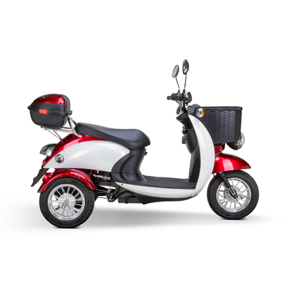 The Bespoke Supreme Euro-Style Recreational 3-Wheel Scooter, shown in red and white with a black seat, rear storage box, front basket, side mirrors, and a 600-watt motor, is viewed from the side against a white background.