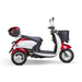 The Bespoke Supreme Euro-Style Recreational 3-Wheel Scooter, shown in red and white with a black seat, rear storage box, front basket, side mirrors, and a 600-watt motor, is viewed from the side against a white background.