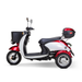 The Bespoke Supreme Euro-Style Recreational 3-Wheel Scooter with Electric Brake Assist is a red and white electric scooter (600W motor) featuring a front basket, mirrors, and rear storage box, shown in side profile on a white background.