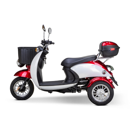 The Bespoke Supreme Euro-Style Recreational 3-Wheel Scooter with Electric Brake Assist has a 600-watt motor, black front basket, red and black storage box, and comes in red and white. Shown side view against a white background.
