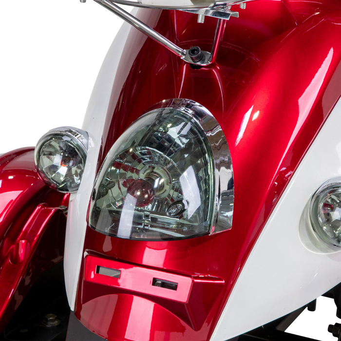 Close-up of the Bespoke Supreme Euro-Style Recreational 3-Wheel Scooters front, featuring headlight, indicator lights, and handlebar—showcasing advanced electric brake assist technology in every detail.