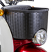 Close-up of the Bespoke Supreme Euro-Style Recreational 3-Wheel Scooter with a large black woven-style basket above the headlight. This red and white scooter features a powerful 600W motor and electric brake assist.