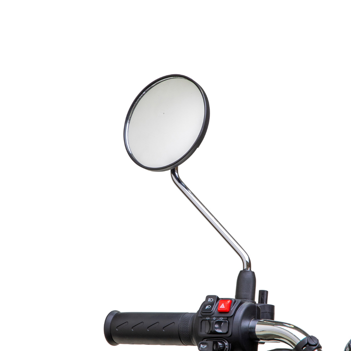 A close-up of the Bespoke Supreme Euro-Style Recreational 3-Wheel Scooter’s handlebar with a round rearview mirror, black grip, and control switches with advanced electric brake assist, set against a white background.